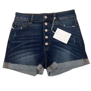 Kancan Shorts Women’s Large High Rise Button Fly Medium Wash Blue Denim Mom‎ New